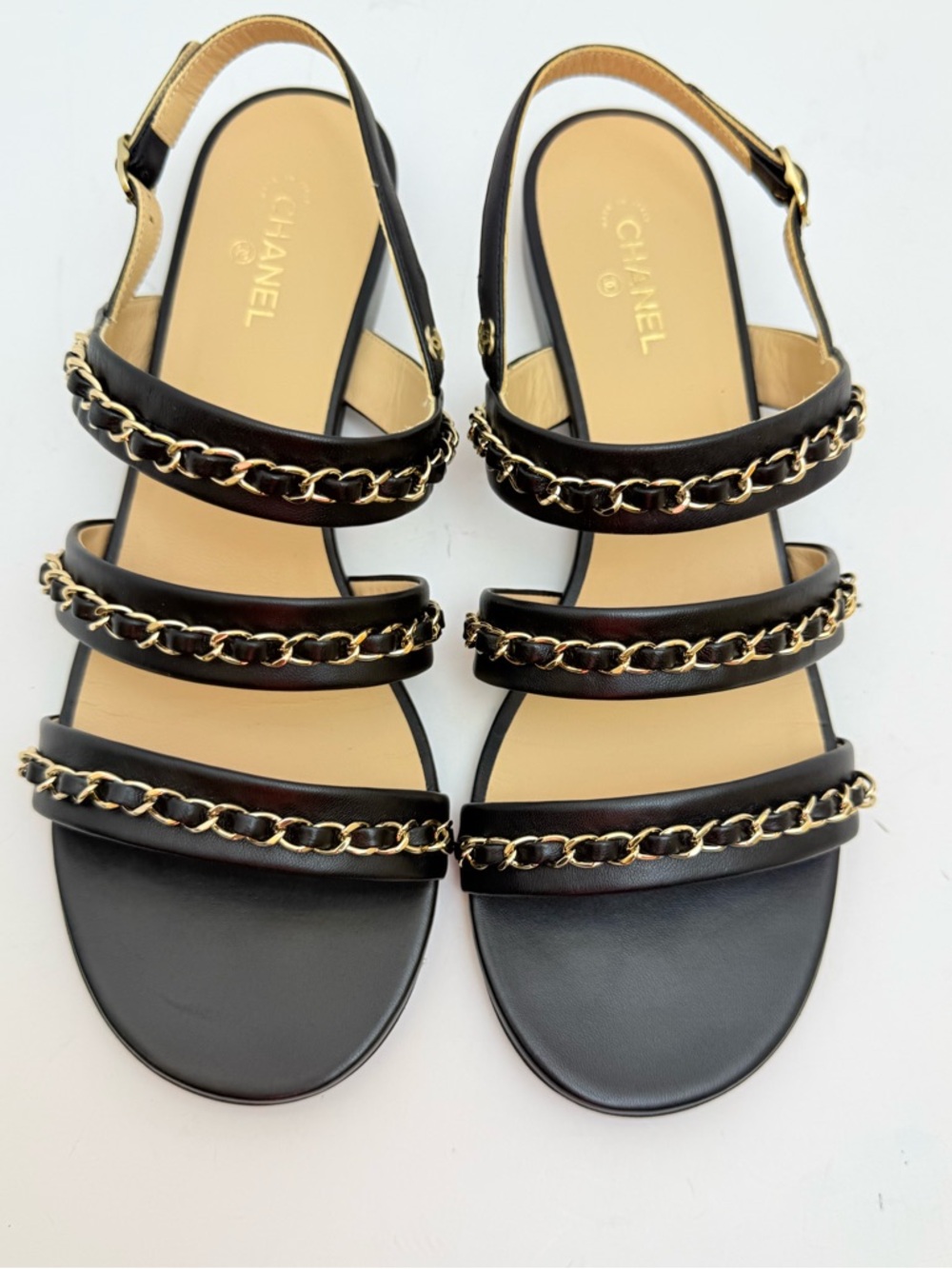 Chanel 22 Logo Chain Strap Lambskin Sandals Black Gold CC EU 40 US 10 - Picture 3 of 10